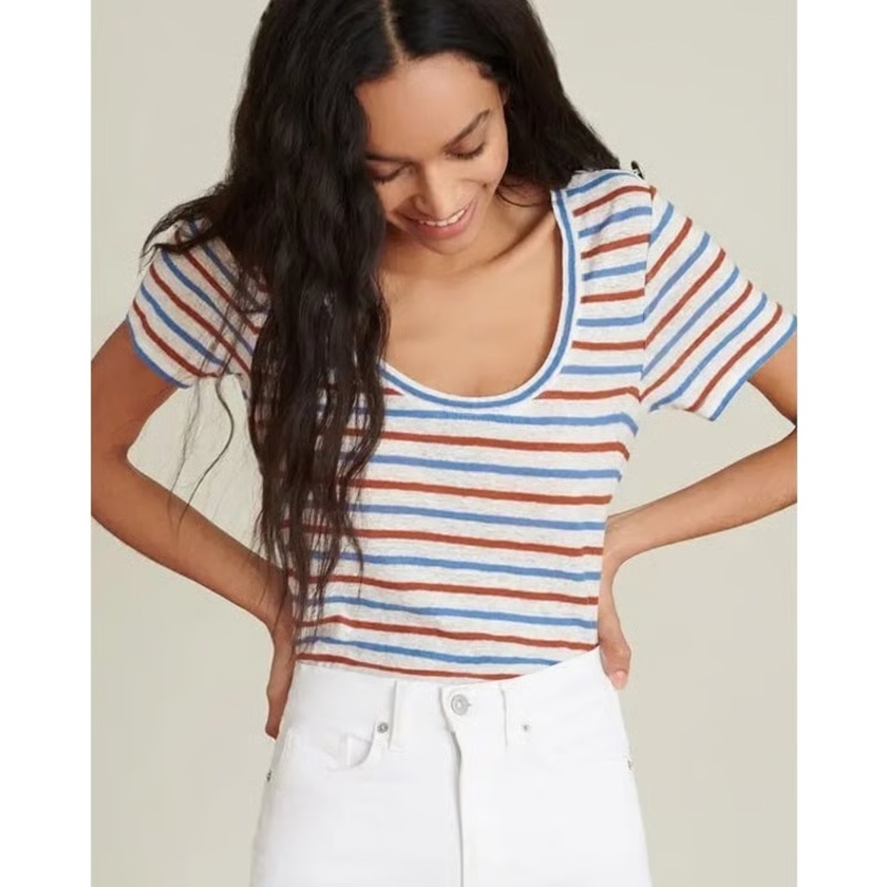 Veronica Beard / Benji Stripe Linen T-Shirt in Rust/Blue